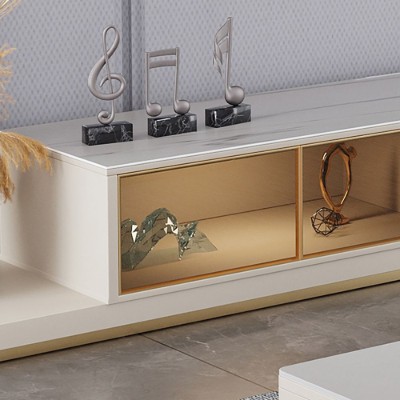 صورة وحدة تلفزيون لونيكس بإضاءة ليد – خشب طبيعي قابل للتوسيع مع درج ورفوف