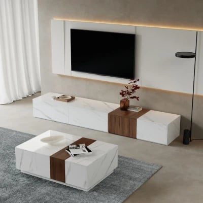 Marquina – Natural Wood TV Unit with Marble-Effect Finish and Matching Coffee Table