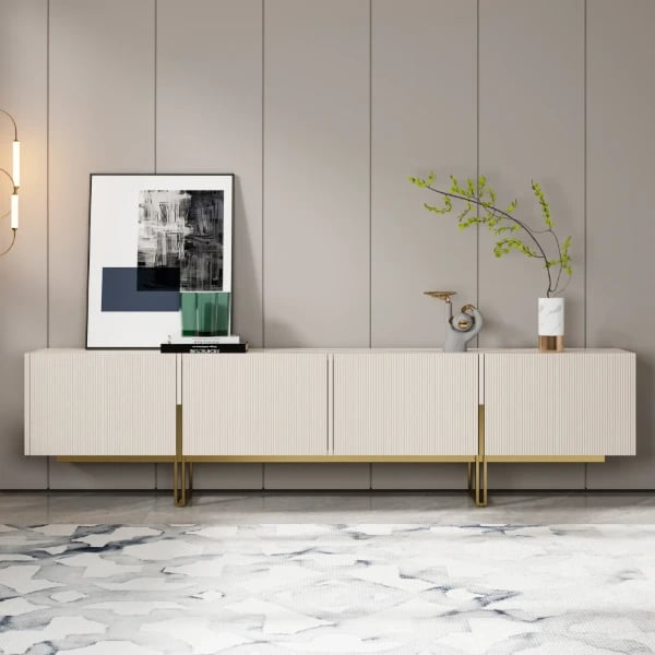 صورة ڤالينتي طاولة تلفزيون من الخشب الطبيعي – قاعدة نحاسية وأبواب مضلعة