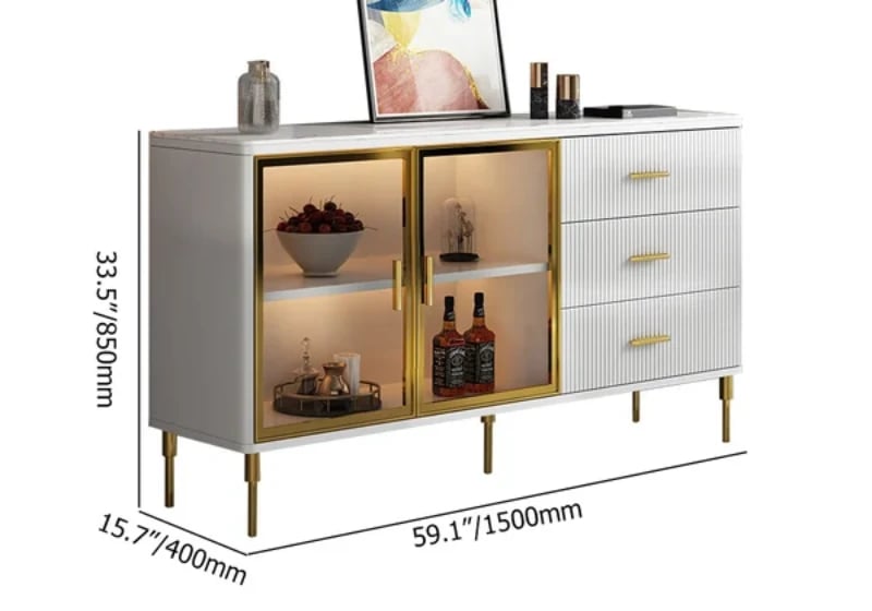 Klamf Sideboard – Natural Wood with Glass Doors and Golden Accents