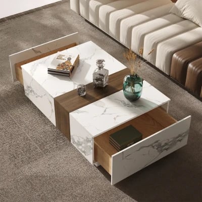 Marquina – Natural Wood TV Unit with Marble-Effect Finish and Matching Coffee Table
