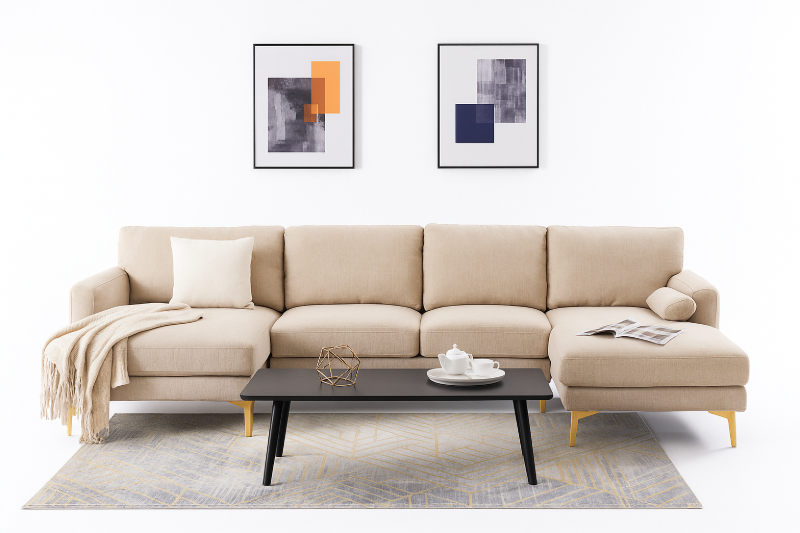 صورة موكا كنبة ركنية على شكل حرف الـ – بقاعدة من الخشب الطبيعي