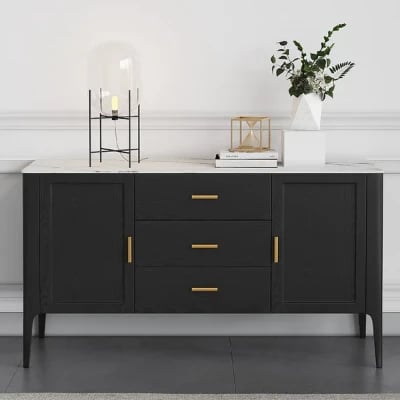 Lisco Sideboard – Natural Wood with Marble Top and Golden Handles