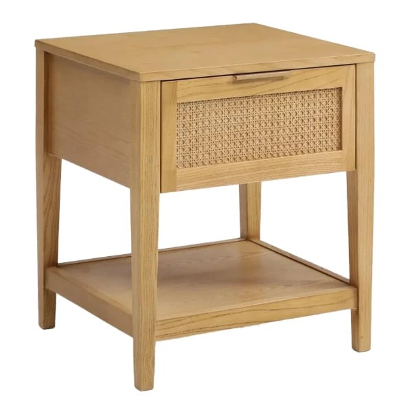 Lina Side Table – Natural Wood with Rattan Front