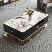 Nocturne – TV Unit and Coffee Table Set in Natural Wood with Gold Stainless Steel Accents and Marble-Look Top