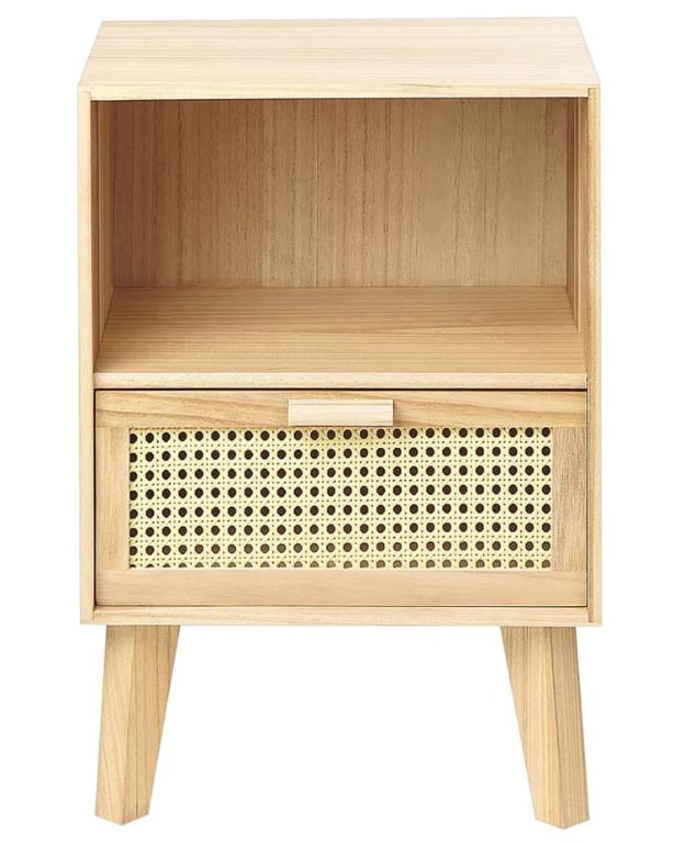 Liora Natural Wood Bedside Table – Open Shelf & Woven Drawer