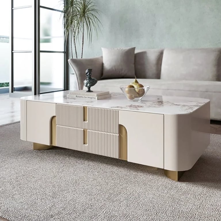 Élivane – Coffee Table & TV Unit Set with Marble and Gold Accents