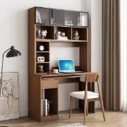 صورة ليڤي – مكتب خشب طبيعي دوّار بشكل ال مع مكتبة