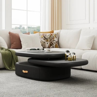 Eclipse – Oval Tiered Coffee Table made of Natural Wood with Rotating Top and Hidden Storage