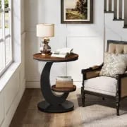 Cairo Side Table with Curved Design & Lower Shelf – Natural Wood