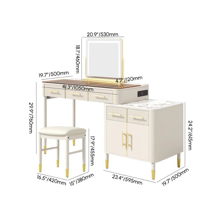Velona Vanity Set – Natural Wood with Glass & Marble-Look Surfaces, LED Mirror & Chair