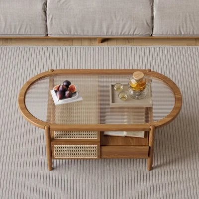 صورة طاولة قهوة هوكي خشب طبيعي وراتان