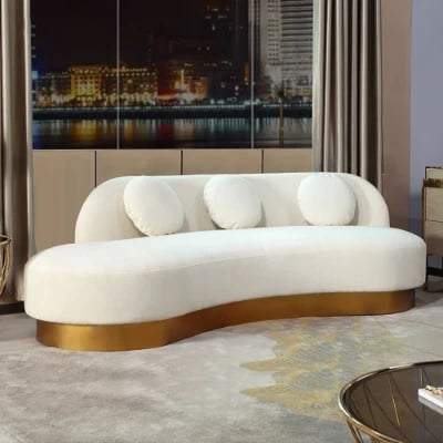 Picture of Dermo Modern White & Gold Velvet Curved Sofa for 3 Seaters with Pillows