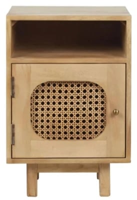 Zoya –Natural Wood Rattan Bedside Cabinet with Door & Open Shelf