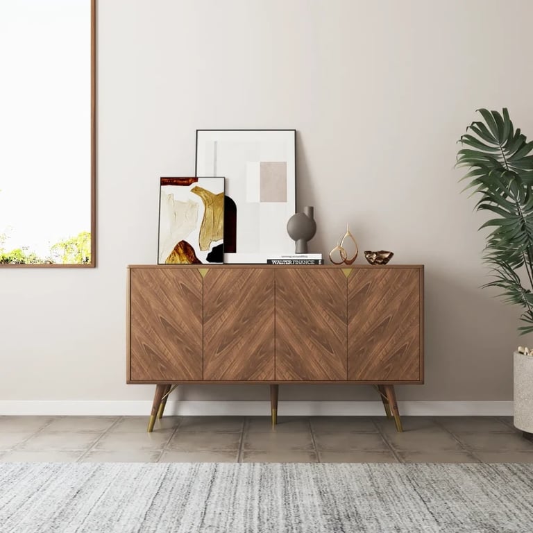 Picture of Zovaya Natural Wood Sideboard – Herringbone Doors with Brass Accents
