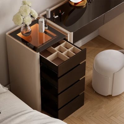 Vanity Set – Ébonie – Natural Wood with Smoked Glass Top, Organizer Drawers & Elegant Stool with Gold Base