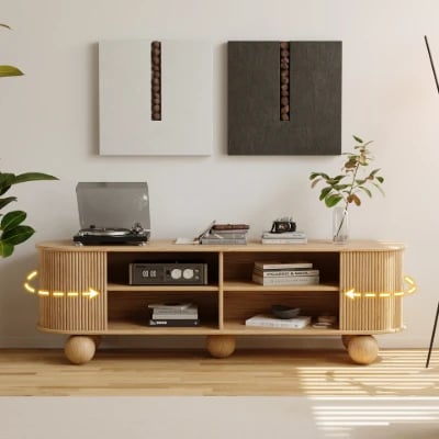 Oniro Long Media Console with Fluted Sliding Panels – Natural Wood