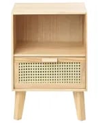 Liora Natural Wood Bedside Table – Open Shelf & Woven Drawer