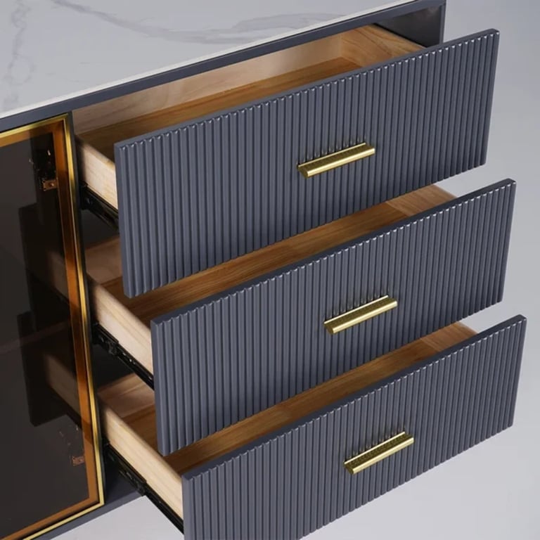 Klamf Sideboard – Natural Wood with Glass Doors and Golden Accents