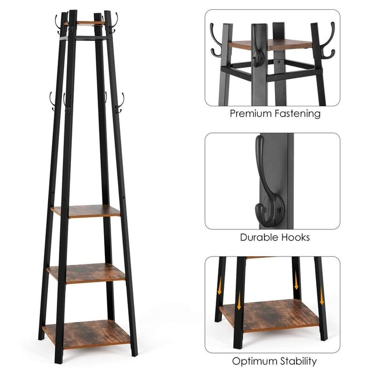 Coat Rack With 8 Dual Hooks And 4-Tier Storage Shelves