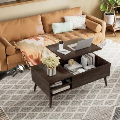 صورة ڤينتو طاولة قهوة مستطيلة بسطح قابل للرفع – خشب طبيعي