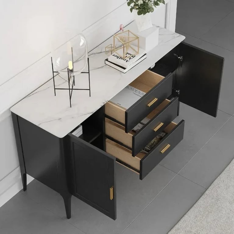 Lisco Sideboard – Natural Wood with Marble Top and Golden Handles