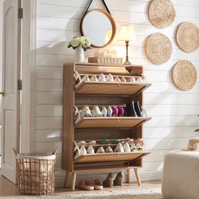 Soline – Natural Wood & Rattan Shoe Cabinet