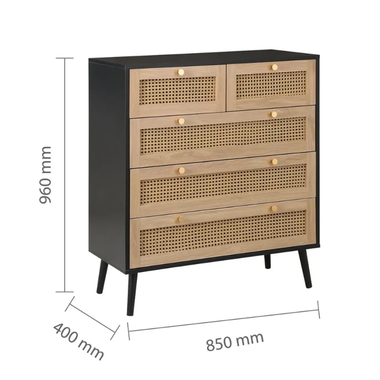 Mireya – 5-Drawer Chest in Natural Wood & Rattan Elegance