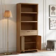 Rialto – Natural Wood Bookcase with Woven Rattan Doors