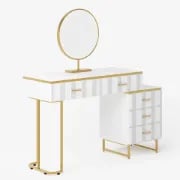 Valencia Vanity Set – Natural Wood with LED Mirror & Pouf Featuring Gold Stainless-Steel Details