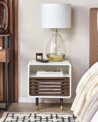 Elvio Modern Bedside Table – Natural Wood with Open Shelf & Drawer
