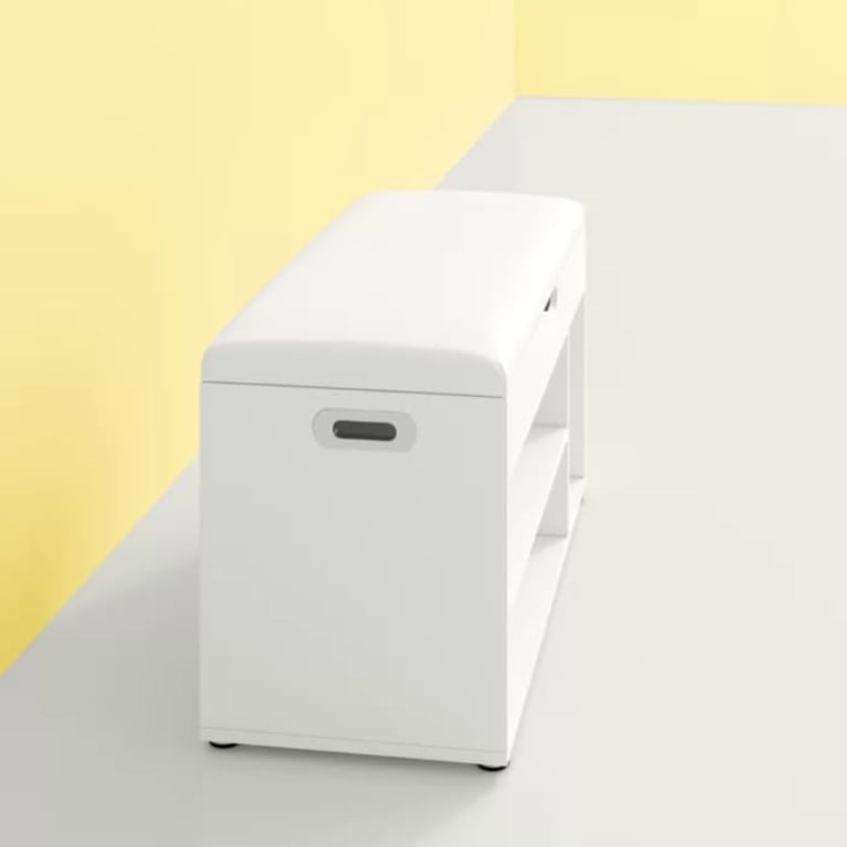 صورة خزانة أحذية خشب طبيعي بمقعد - أبيض