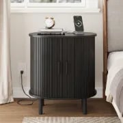 Lumin – Round Side Table with Storage & Charging – Natural Wood