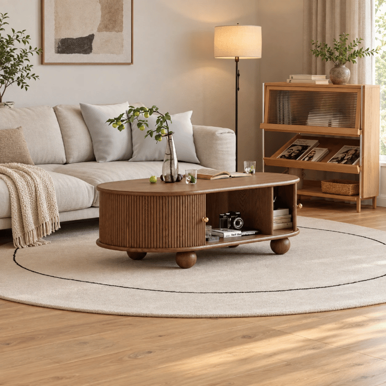 Tondo Oval Coffee Table – Natural Wood with Storage & Round Legs