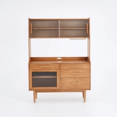 Prosy Kitchen Cabinet – Natural Wood with Glass Doors and Gold Handles