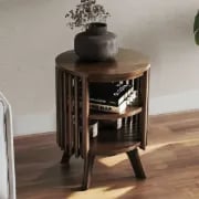 Klever Round Side Table with Slatted Design – Natural Wood