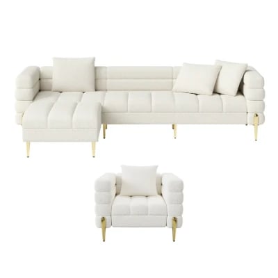 Amélis– Modern Natural Wood Sofa Set with Armchair and Ottoman, Golden Legs