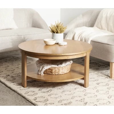 Orion – Round Coffee Table with Rotating Top & Lower Shelf – Natural Wood
