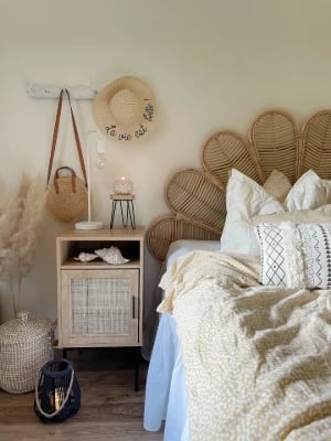 Calvia – Natural Wood Bedside Table with Tall Design & Woven Door