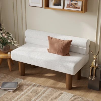 Liora Upholstered Bench with Curved Backrest – Natural Wood