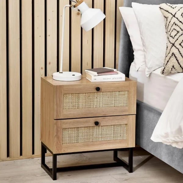 Mira Side Table – Natural Wood with Two Rattan Drawers and Elegant Black Metal Base