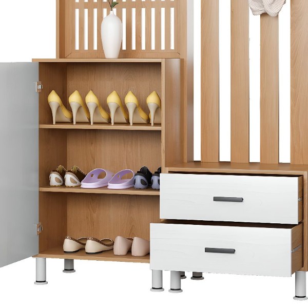 Lirven – Natural Wood Entry Divider Cabinet with Hooks and Storage Drawers
