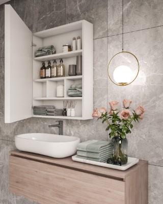 Picture of Peria – Multifunctional LED Bathroom Mirror with Natural Wood Storage