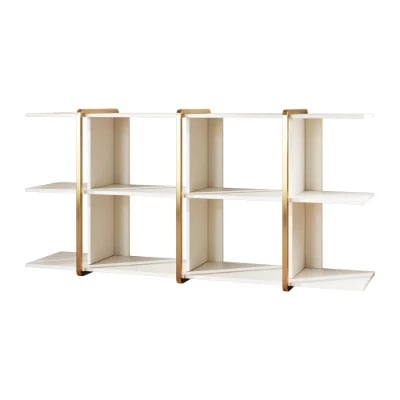 Vionna Low Display Shelf – White Wood with Gold Accents