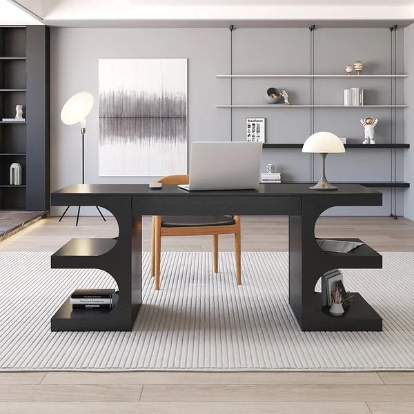 صورة هنزي – مكتب من الخشب الطبيعي مع أرفف ودرج