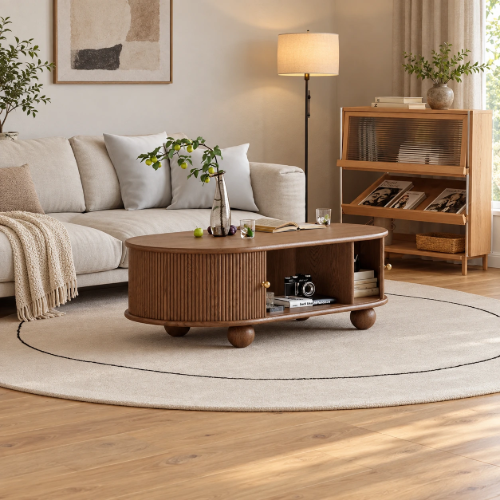 Tondo Oval Coffee Table – Natural Wood with Storage & Round Legs