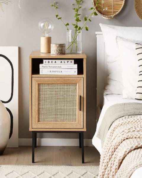 Calvia – Natural Wood Bedside Table with Tall Design & Woven Door
