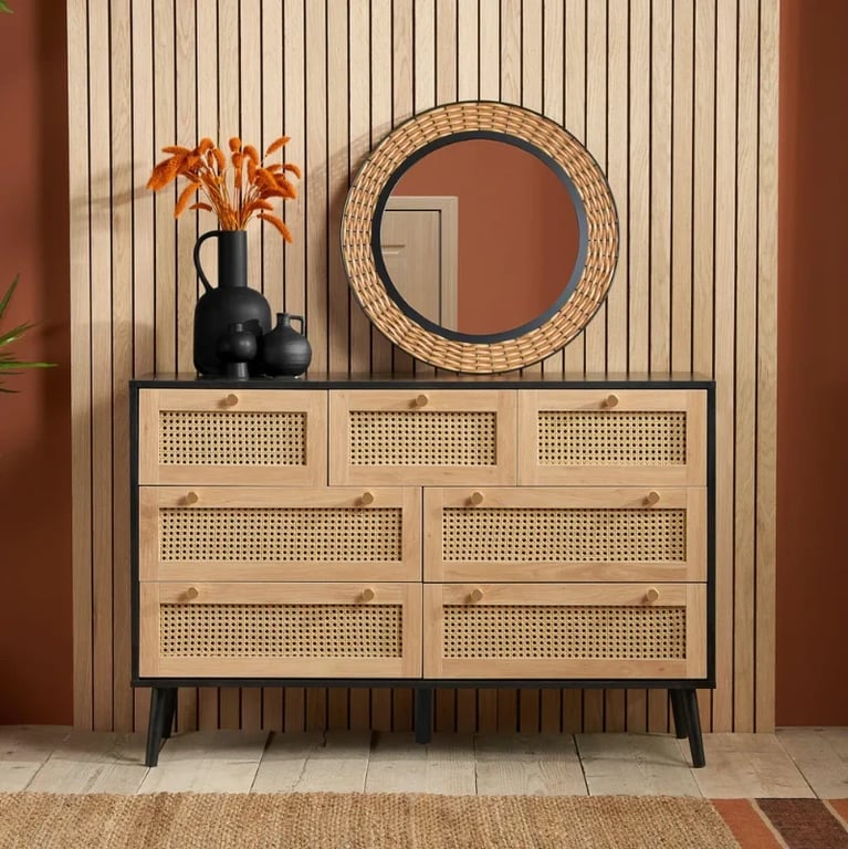 Rivena – Natural & Black Rattan 6-Drawer Wide Chest