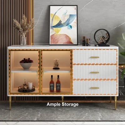 Klamf Sideboard – Natural Wood with Glass Doors and Golden Accents