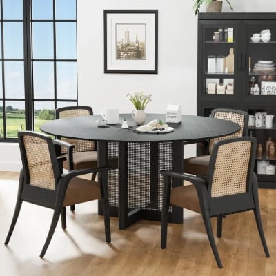 Ravina – Round Dining Table Set with Chairs | Natural Wood & Rattan